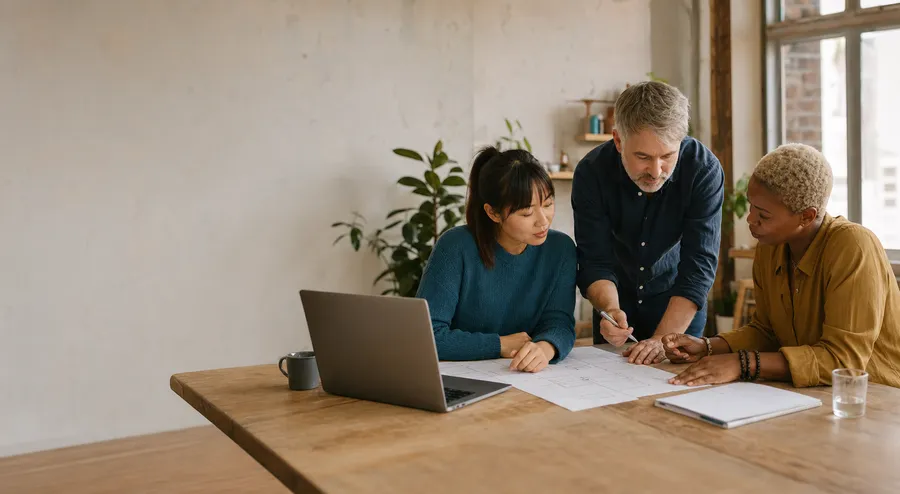 Three colleagues working together around a table to improve a business process